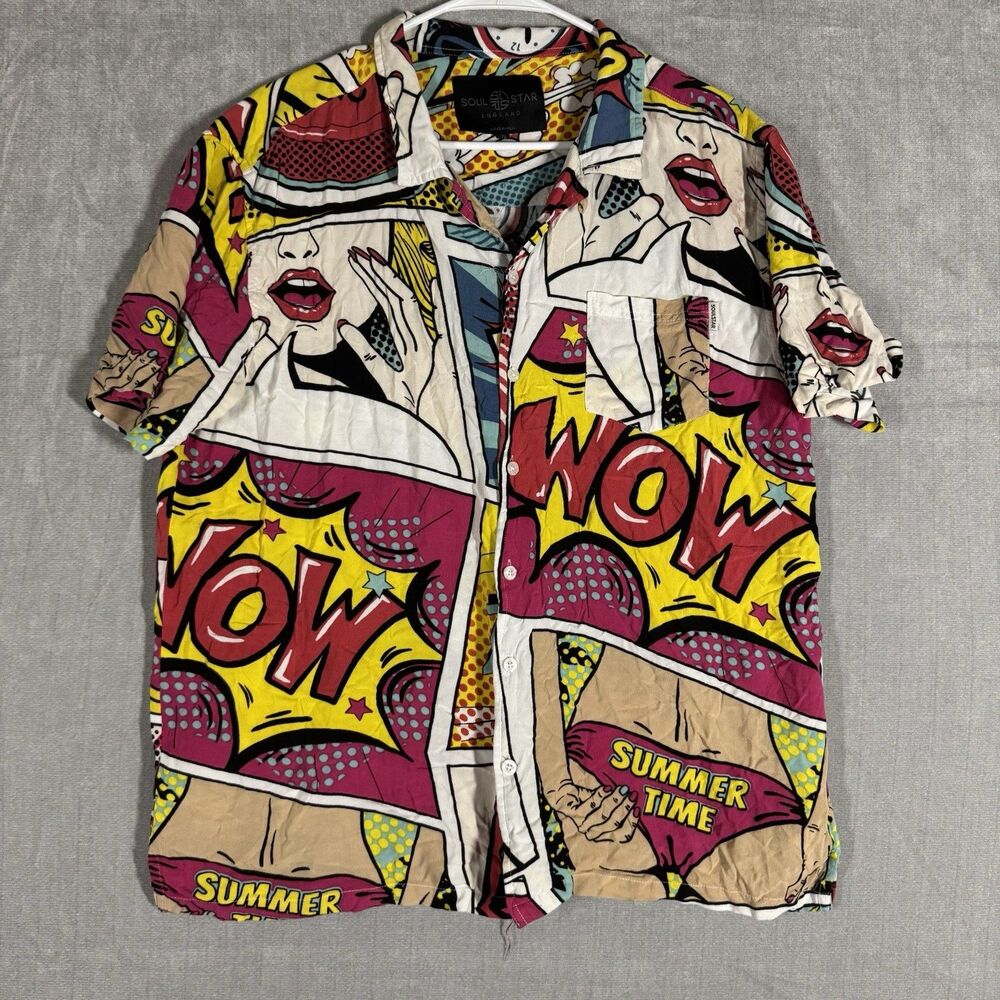 Soul Star Shirt Mens XL Multicolor Comic Pop Art Graphic Short Sleeve Button Up